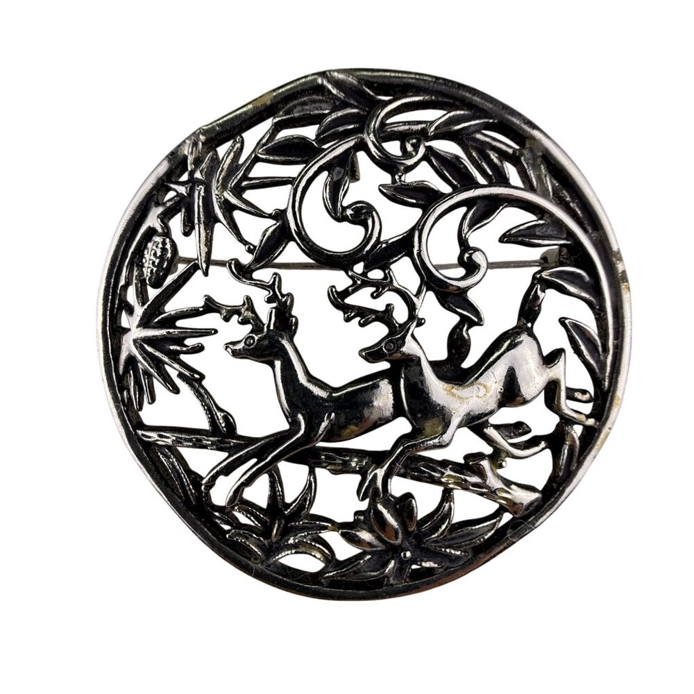 Vintage Sarah Coventry Silver Tone Reindeer Brooch Filigree Design Round Pin